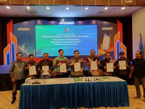 Penandatanganan Perjanjian Kerja Sama (PKS) Program Peremajaan Sawit Rakyat (PSR) Kemitraan Strategis Tahap V Tahun 2026 sebagai bentuk dukungan percepatan peremajaan kebun sawit rakyat.